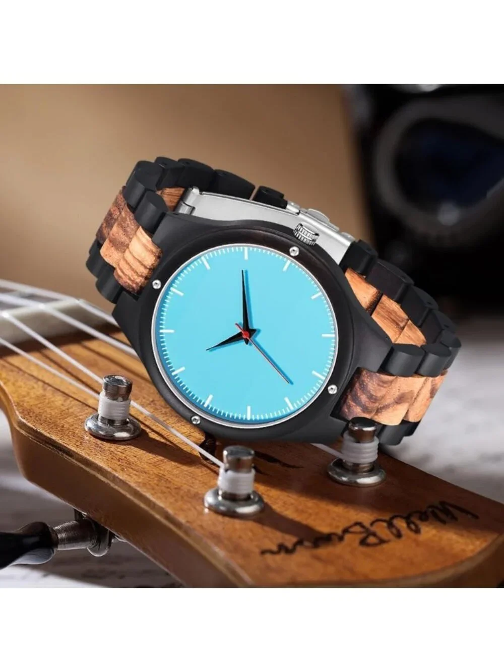 Men's Blue 100% Manual Round Classic Wrist Analog Quartz Handmade Wooden Watch